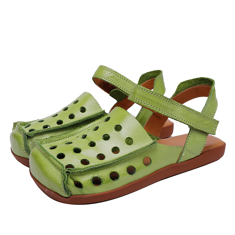 Square Toe Hollow-Out Leather Slingback Flat Sandals for Summer in Green/Black