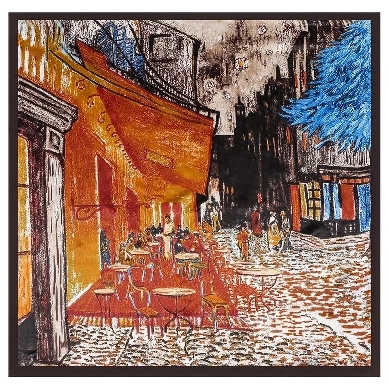 90cm Oil Painting Coffee House Alley Satin Ladies Large Square Scarf