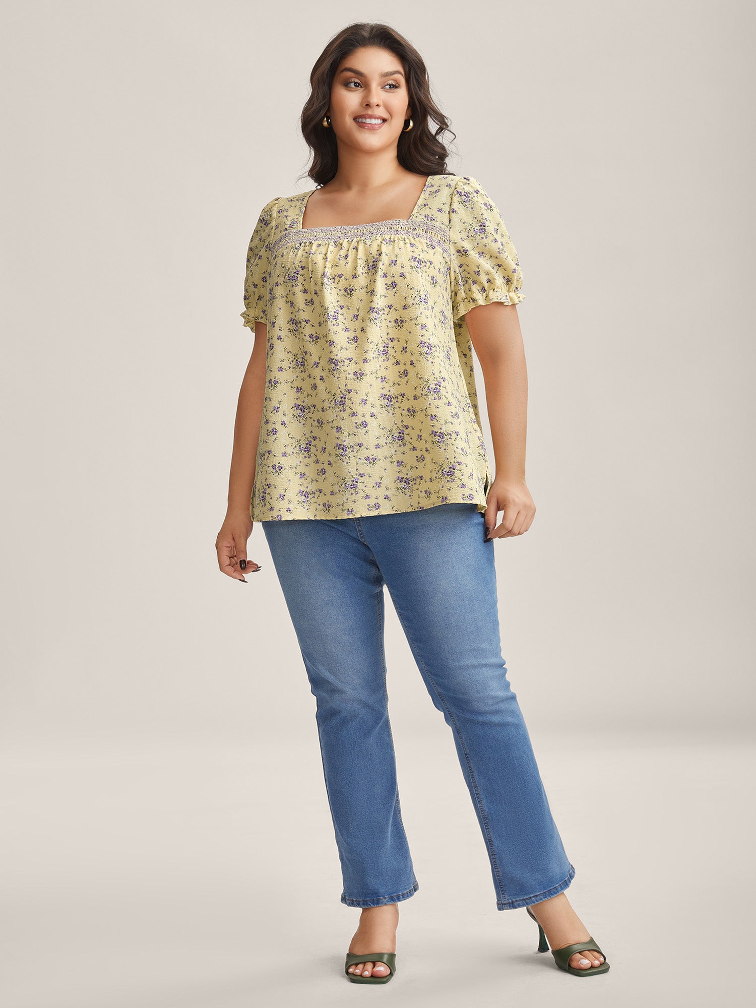 Floral Print Shirred Neck Color Contrast Blouse