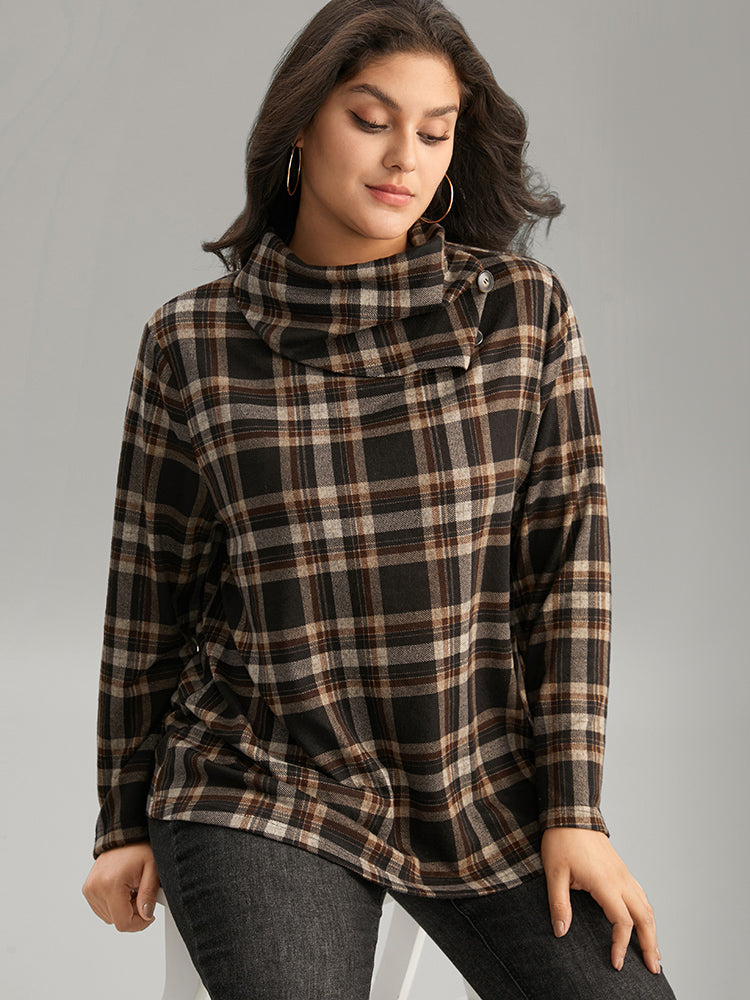 Plaid Funnel Neck Button Detail T-shirt