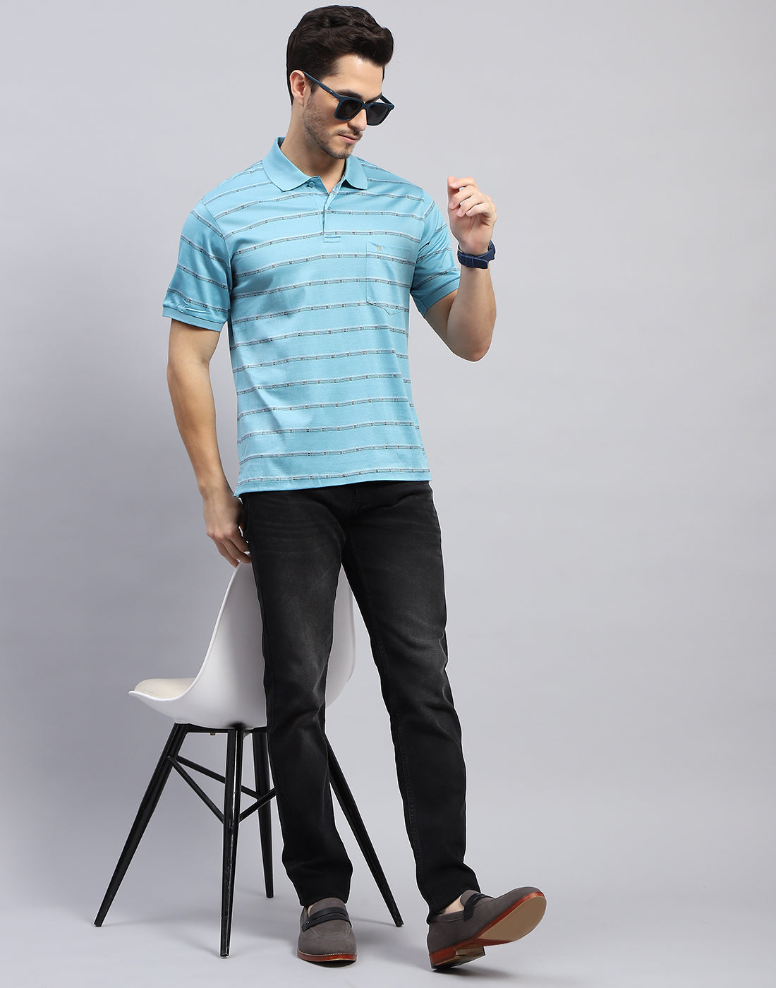 Men Sky Blue Stripe Polo Collar Half Sleeve T-Shirt