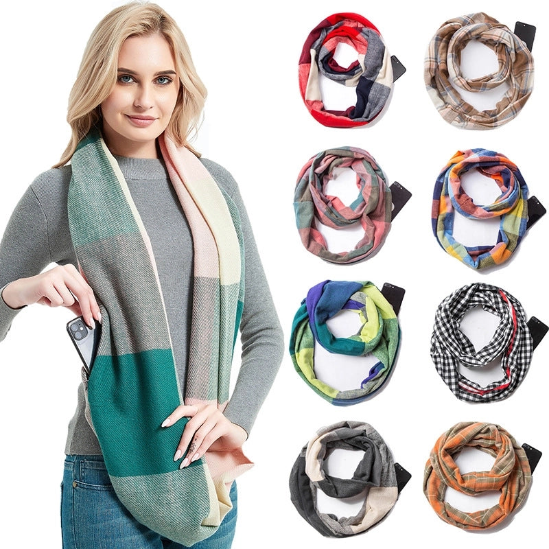 Hot Autumn And Winter New Scarf Men And Women Couple Thickened Pullover Plaid Zipper Pocket Scarf