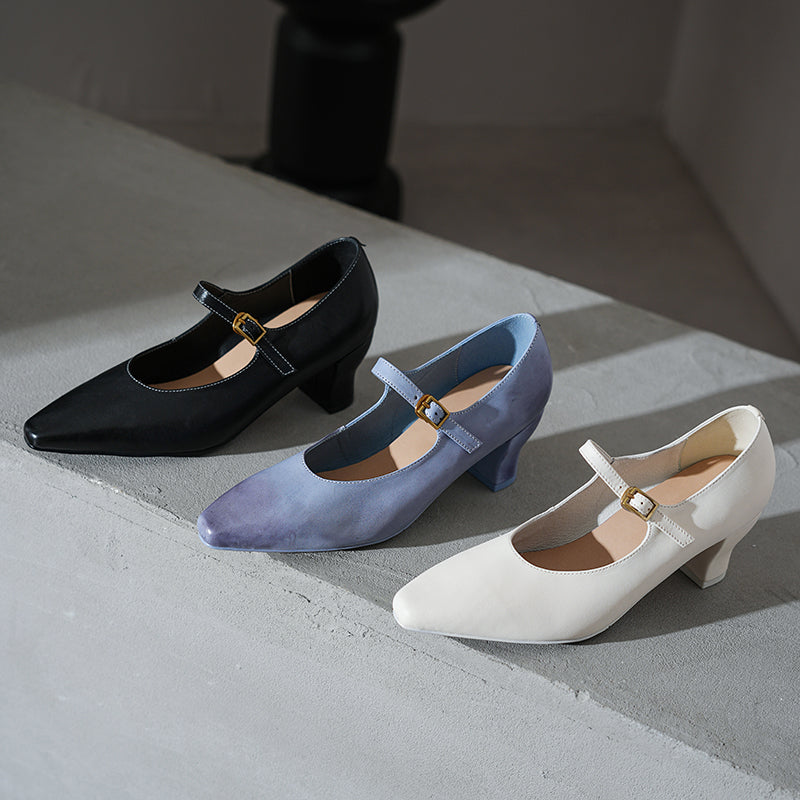 60mm Kitten Heel Point Toe Mary Jane Horsehide Pumps in Blue/Black/White