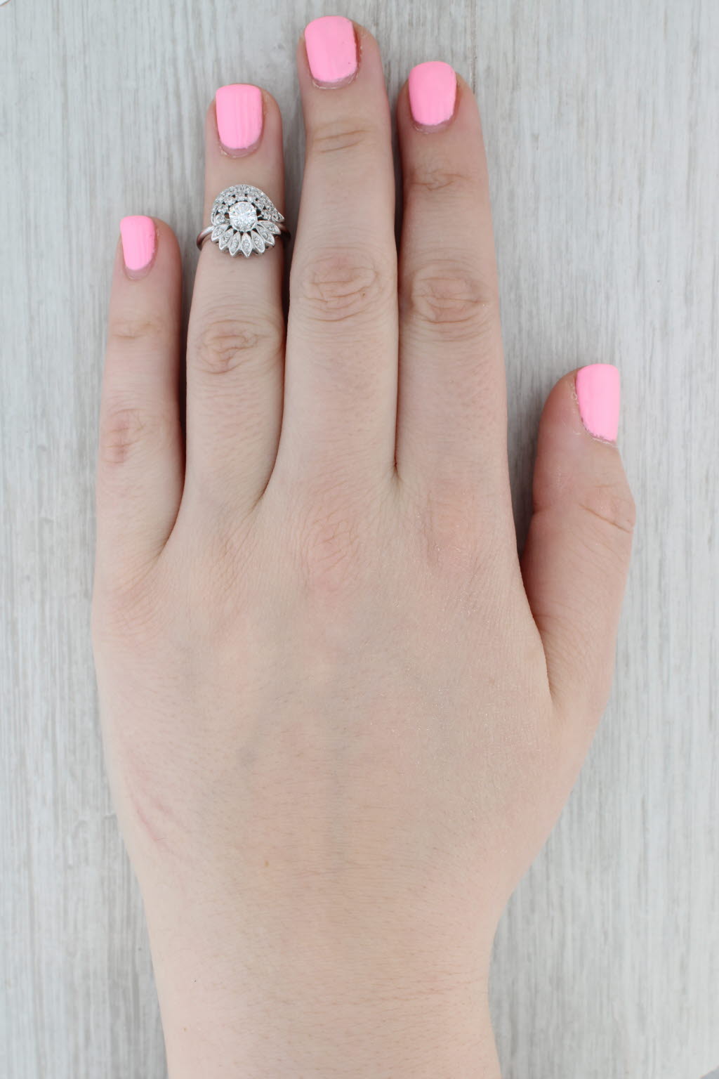 Vintage 0.64ctw Round Diamond Flower Engagement Ring 14k White Gold Size 4