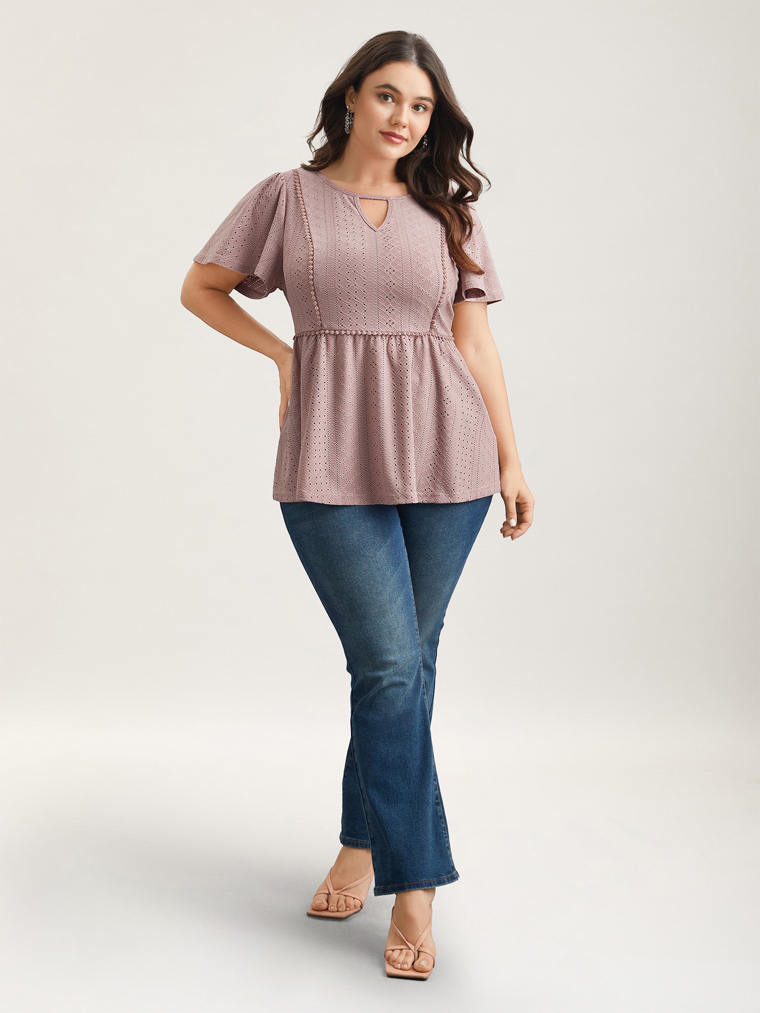Sheer Textured Lace Panel Flared Top
