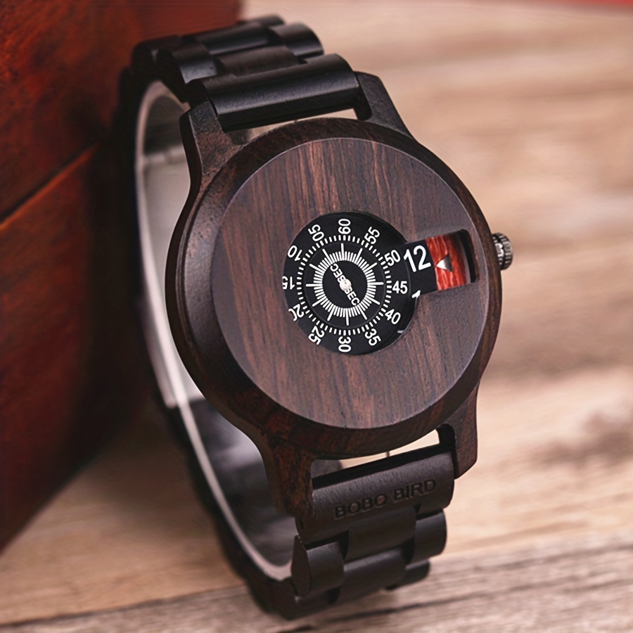 Simple Men's Wooden Watch Vintage Pointer Round Quartz Wrist Watch With Wooden Box Birthday Gift