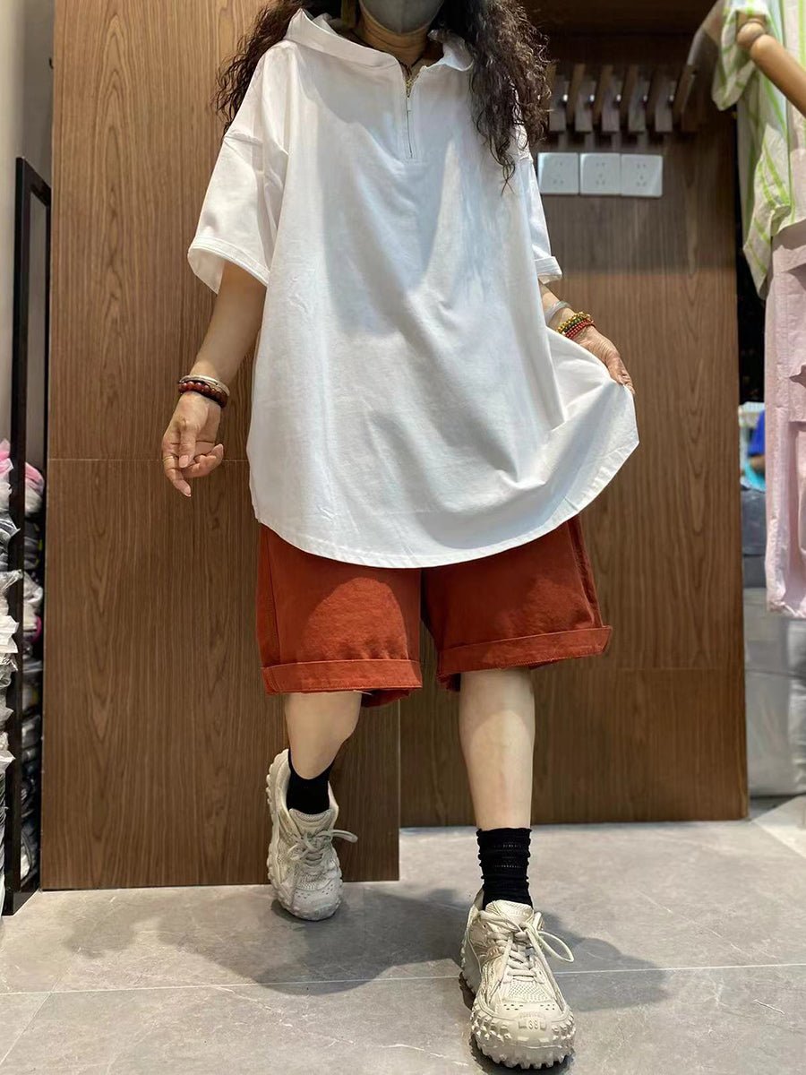 Women Summer Casual Pure Color Hooded Cotton Shirt
