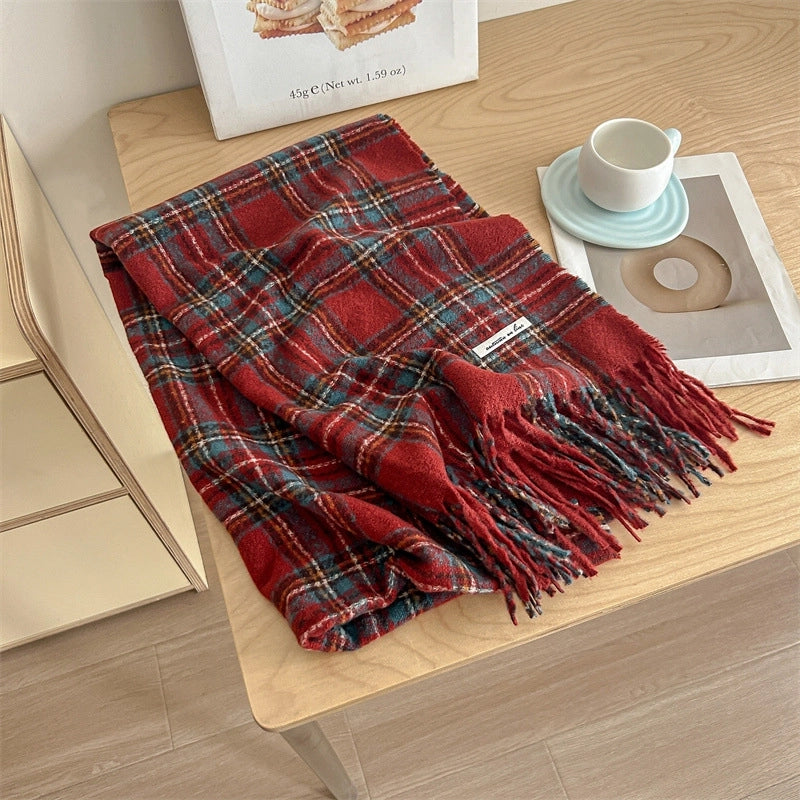 Women's Sweet Plaid Imitation Cashmere Tassel Scarf