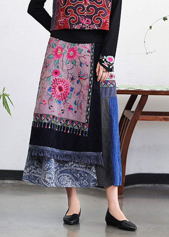 Retro Embroidered Pockets Floral Elastic Waist Cotton A Line Skirt Fall