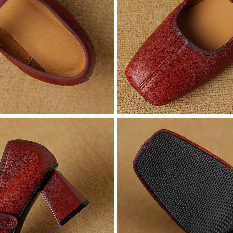 Vintage Sheepskin Square Toe 60mm Block Heel Mary Jane in Black/Wine Red