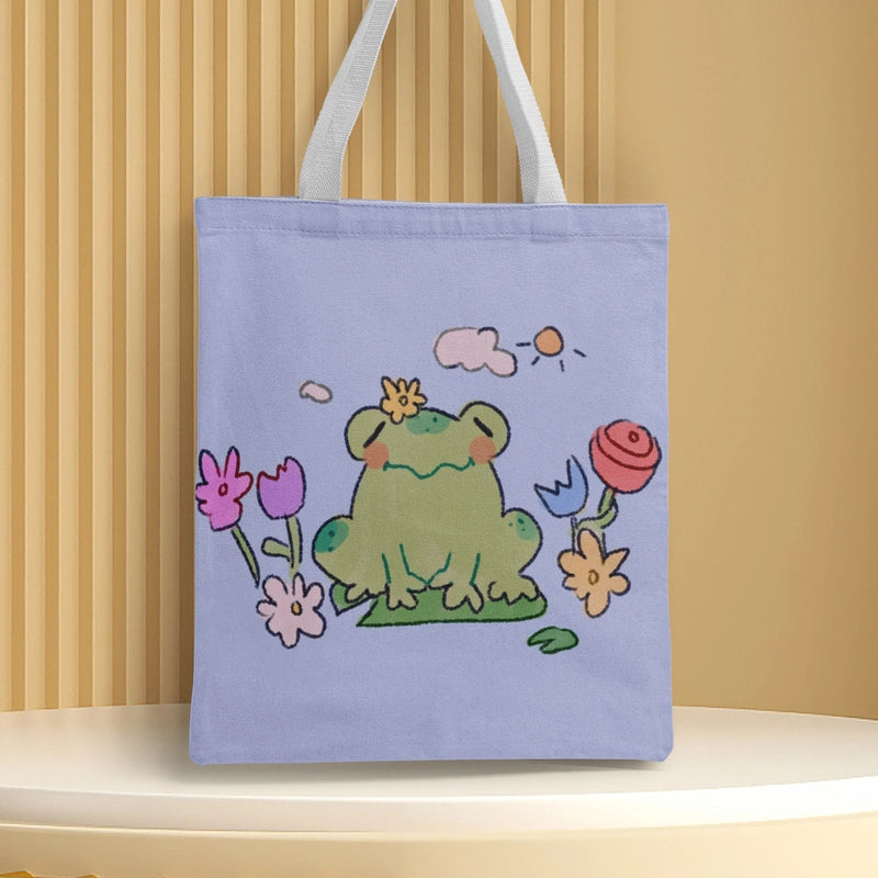 Women's Canvas Cartoon Frog Basic Classic Style Square Open Canvas Bag