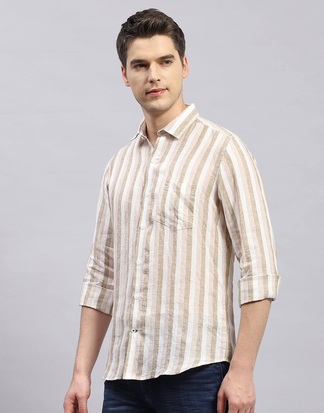 Men Brown Stripe Collar Full Sleeve Shirt