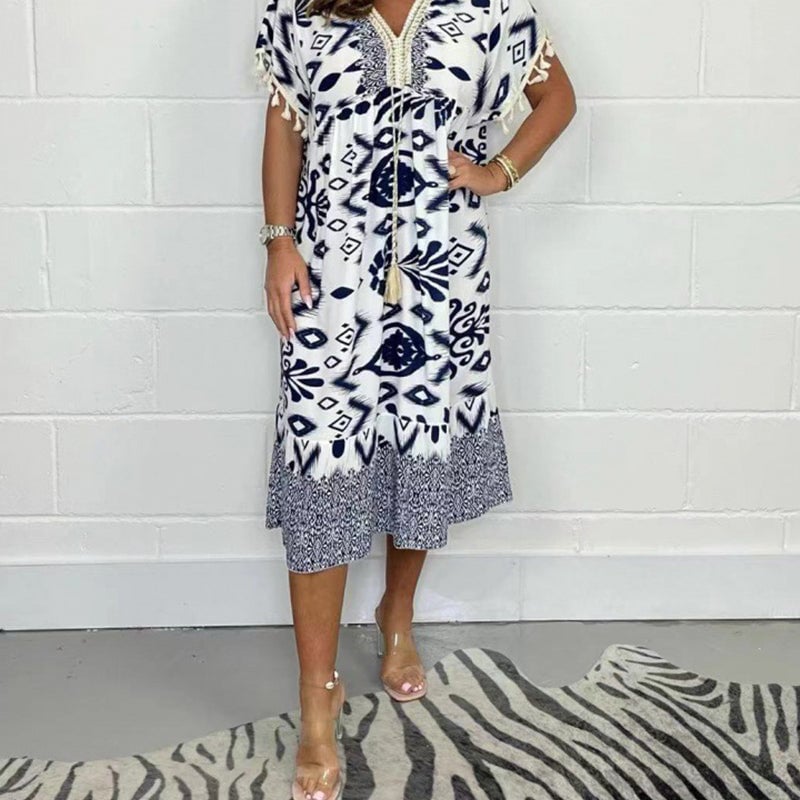 💕Printed Casual Dress With V-Neckline and Fringes on the Short Sleeves