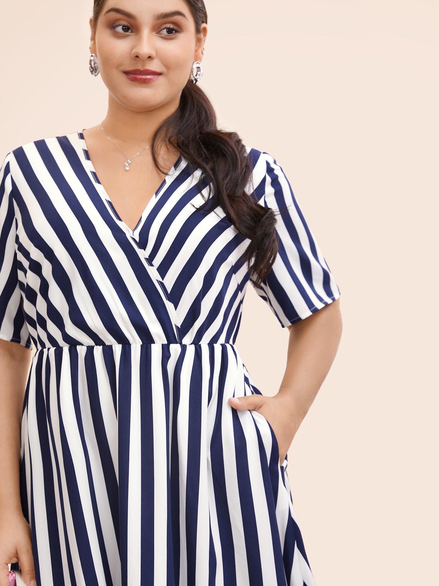 Striped Overlap Collar Ruffle Sleeve Midi Dress