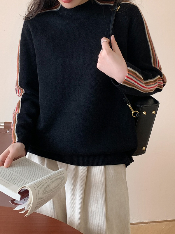 Long Sleeves Loose Contrast Color Striped Mock Neck Pullovers Sweater Tops