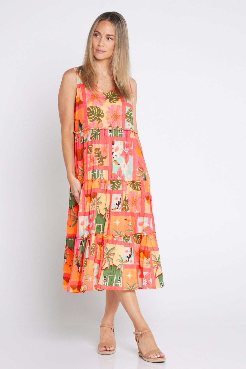 Audrey Tiered Midi Dress - Coral