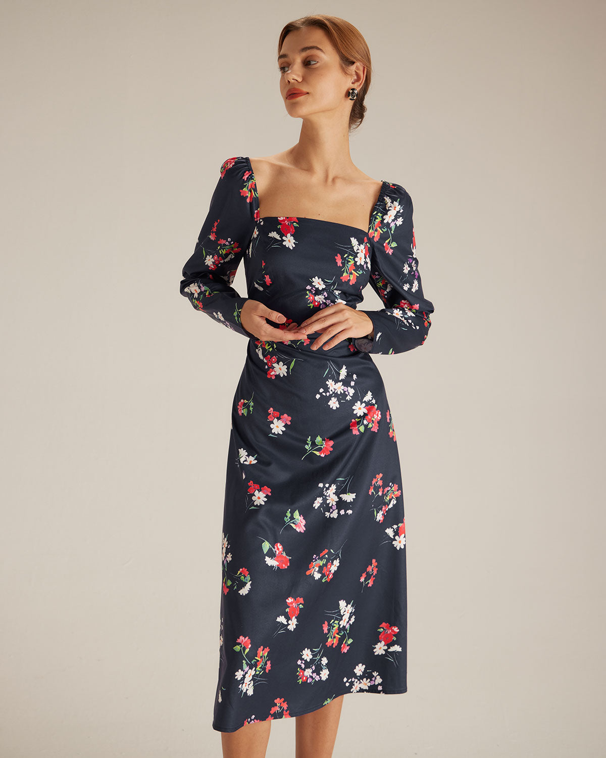 The Navy Square Neck Floral Shirred Midi Dress