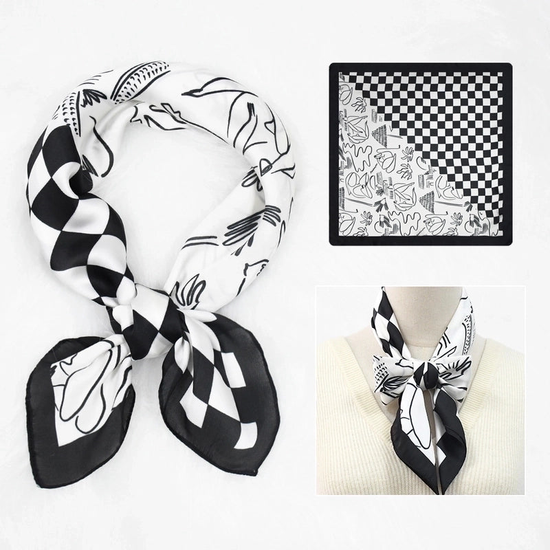 2 Pieces Women's Elegant Plaid Flower Horse Satin Silk Scarf