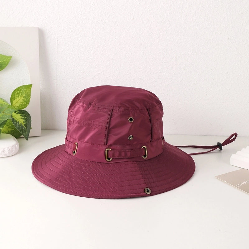 Women's Casual Japanese Style Solid Color Iron Button Wide Eaves Bucket Hat