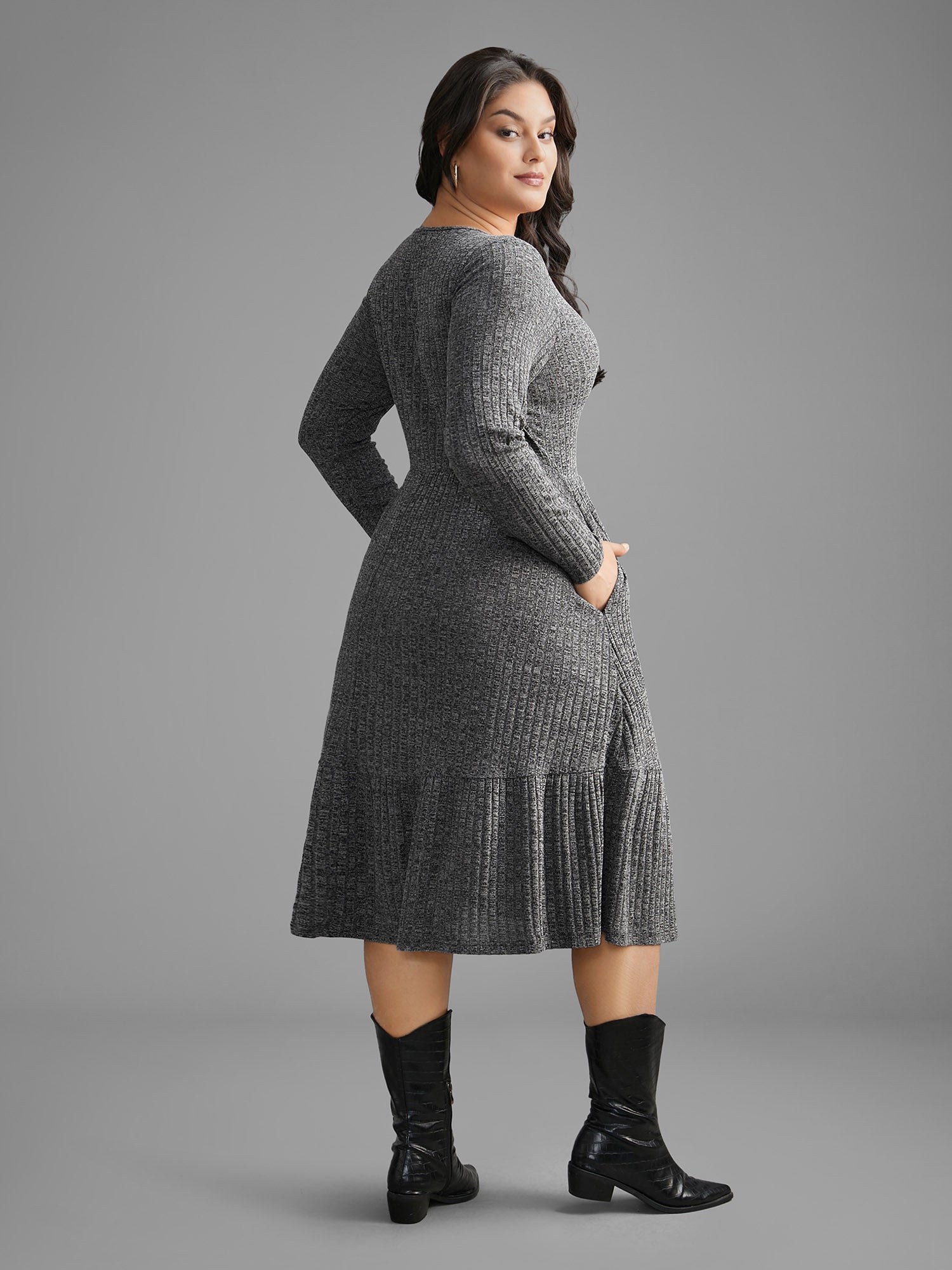 Crew Neck Rib Knit Button Detail Dress