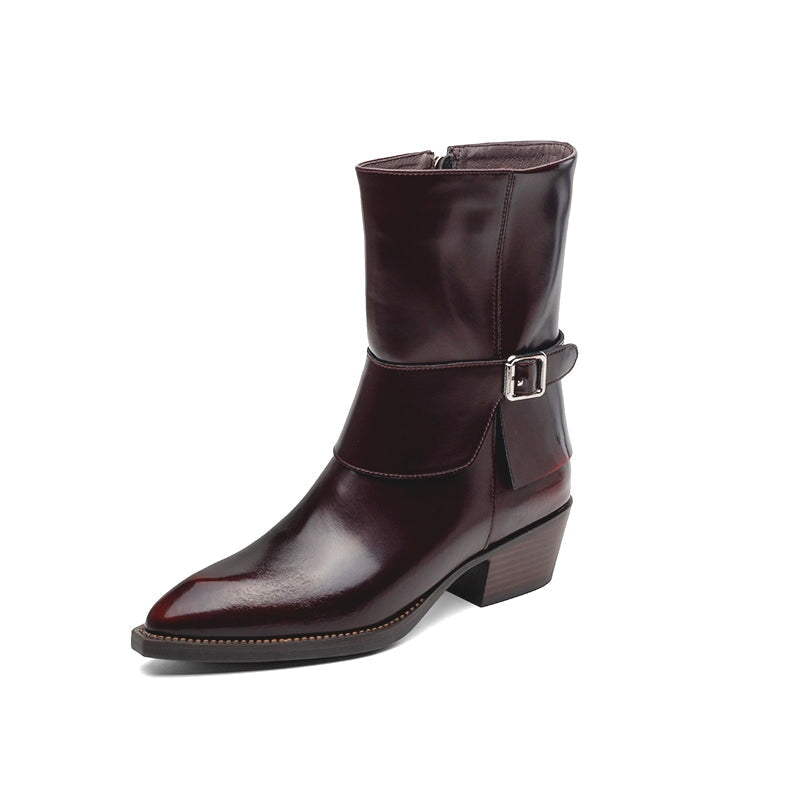 Western Boots Mid Calf Boots Block Heel - Black/Red Cowgirl Boots All Genuine Leather