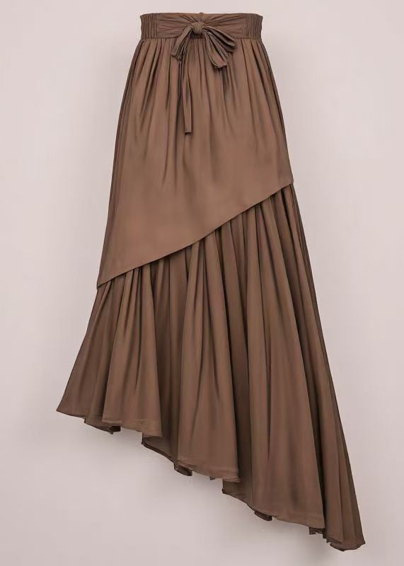 Loose Coffee Lace Up Wrinkled Cotton Skirt Summer