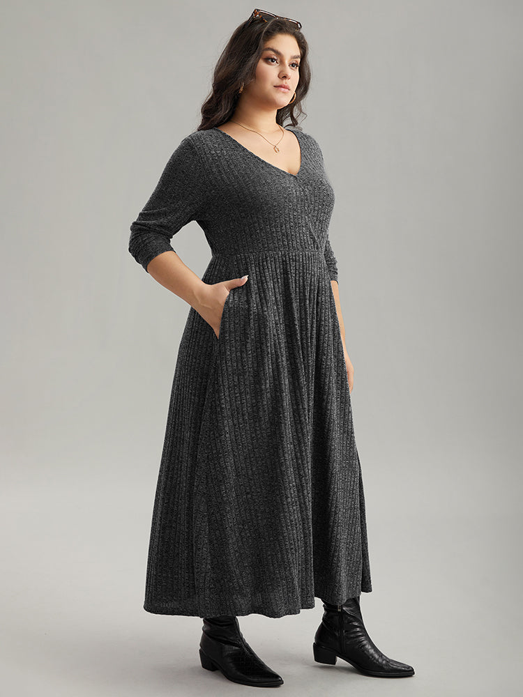 Solid Rib Knit Overlap Collar Pocket Dress