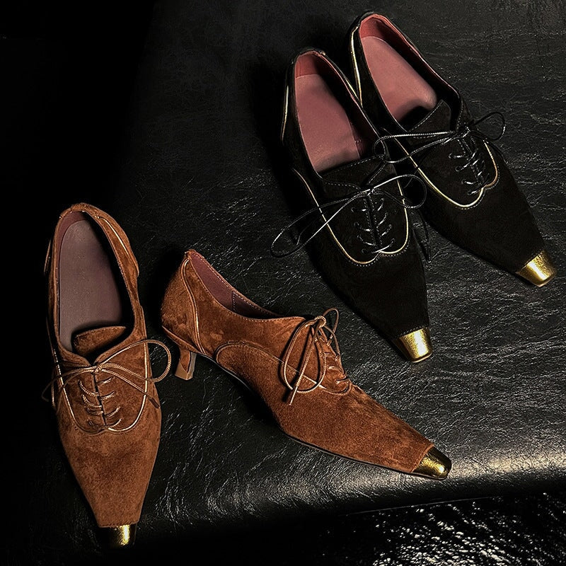 Women's Gold Pointed-Toe Lace-Up Suede Kitten Heel Dress Shoes in Brown/Black