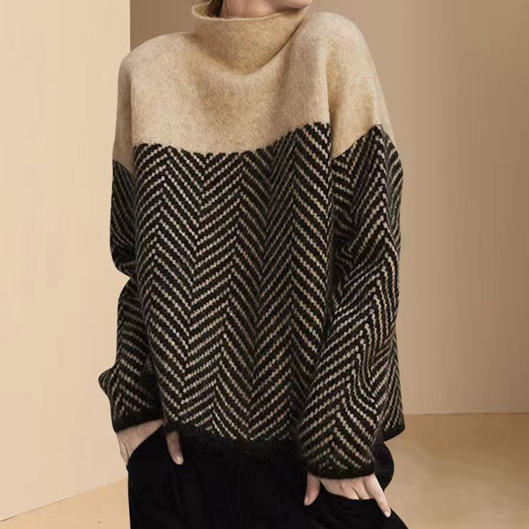 Vintage Turtleneck Contrasting Herringbone Jacquard Sweater