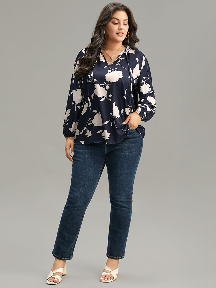 Silhouette Floral Print Stand Collar Tie Neck Blouse