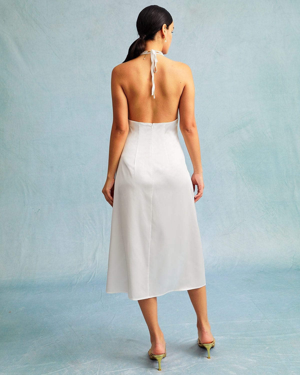 The White Halter Spliced Ruched Satin Midi Dress