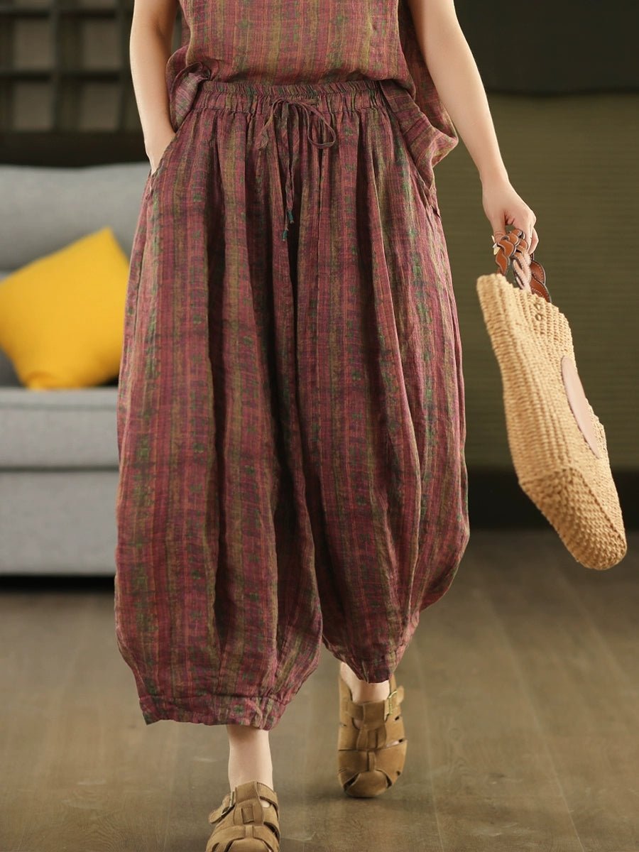 Women Summer Retro Print 100%Ramie Bloomers