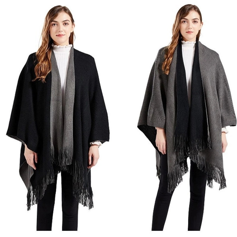 Autumn And Winter Double-sided Knitted Shawl In Stock Warm Shawl Acrylic Tassel Warp Knitted Cape