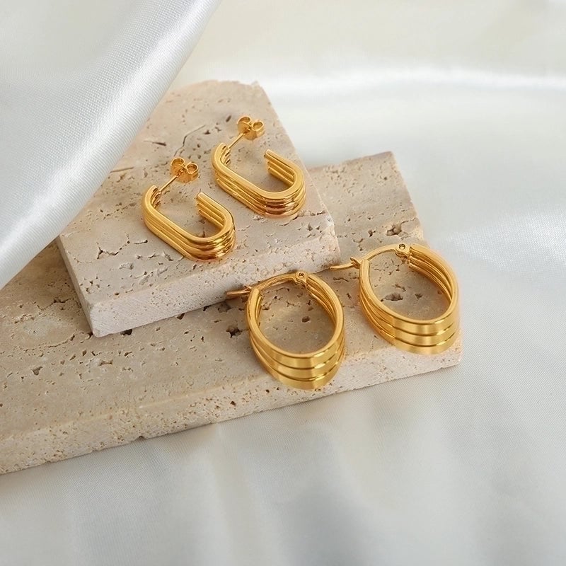 3 Pieces Minimalist Geometric Plating Titanium Steel 18K Gold Plated Ear Studs