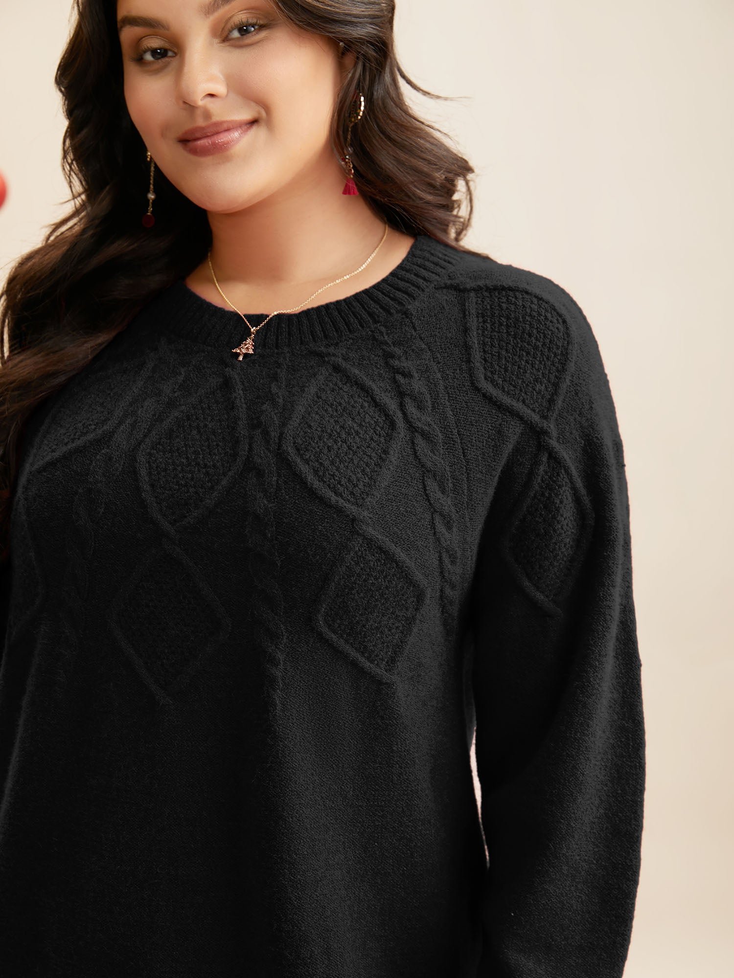 Cable Knit Bodice Crew-Neck Pullover