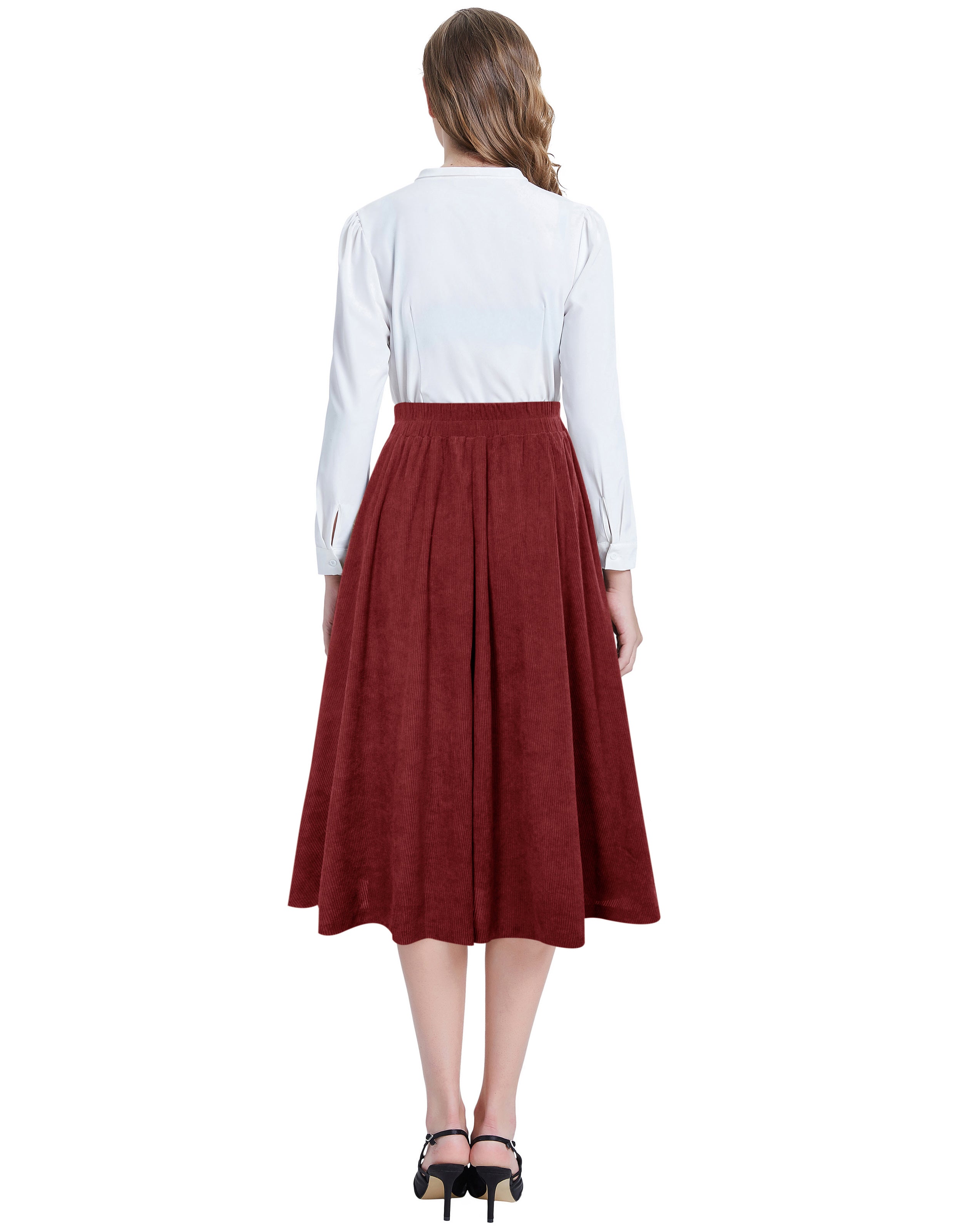 Vintage Corduroy Skirt Elastic High Waist Buttons Decorated Swing Skirt with Pockets
