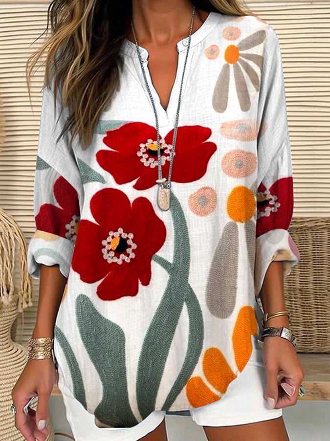 Women's Floral Loose Long Sleeve Crew Neck Top