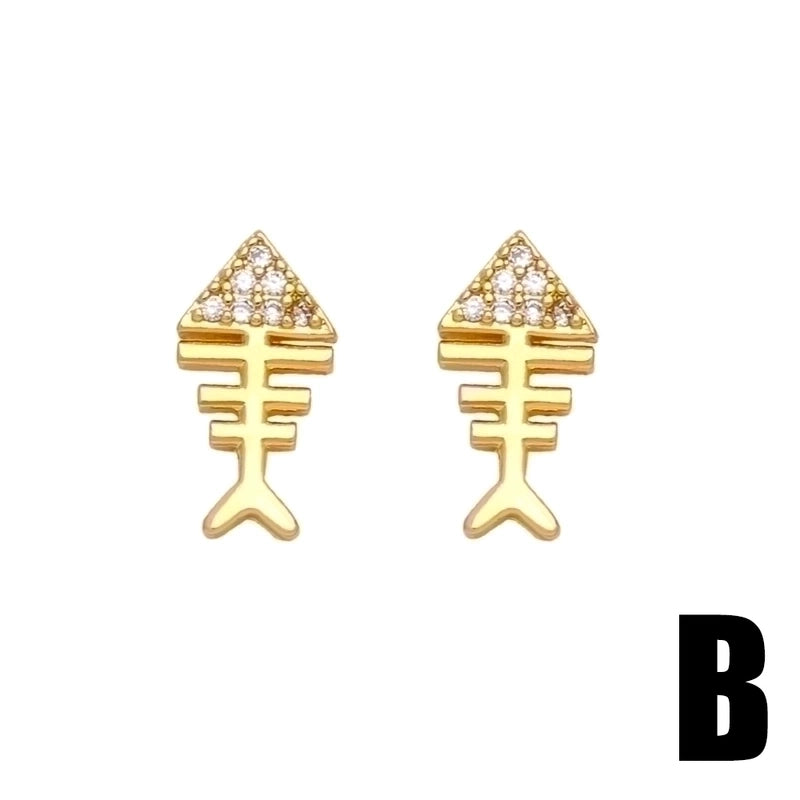 1 Pair Minimalist Heart Shape Crab Fish Bone Plating Inlay Copper Zircon 18k Gold Plated Ear Studs