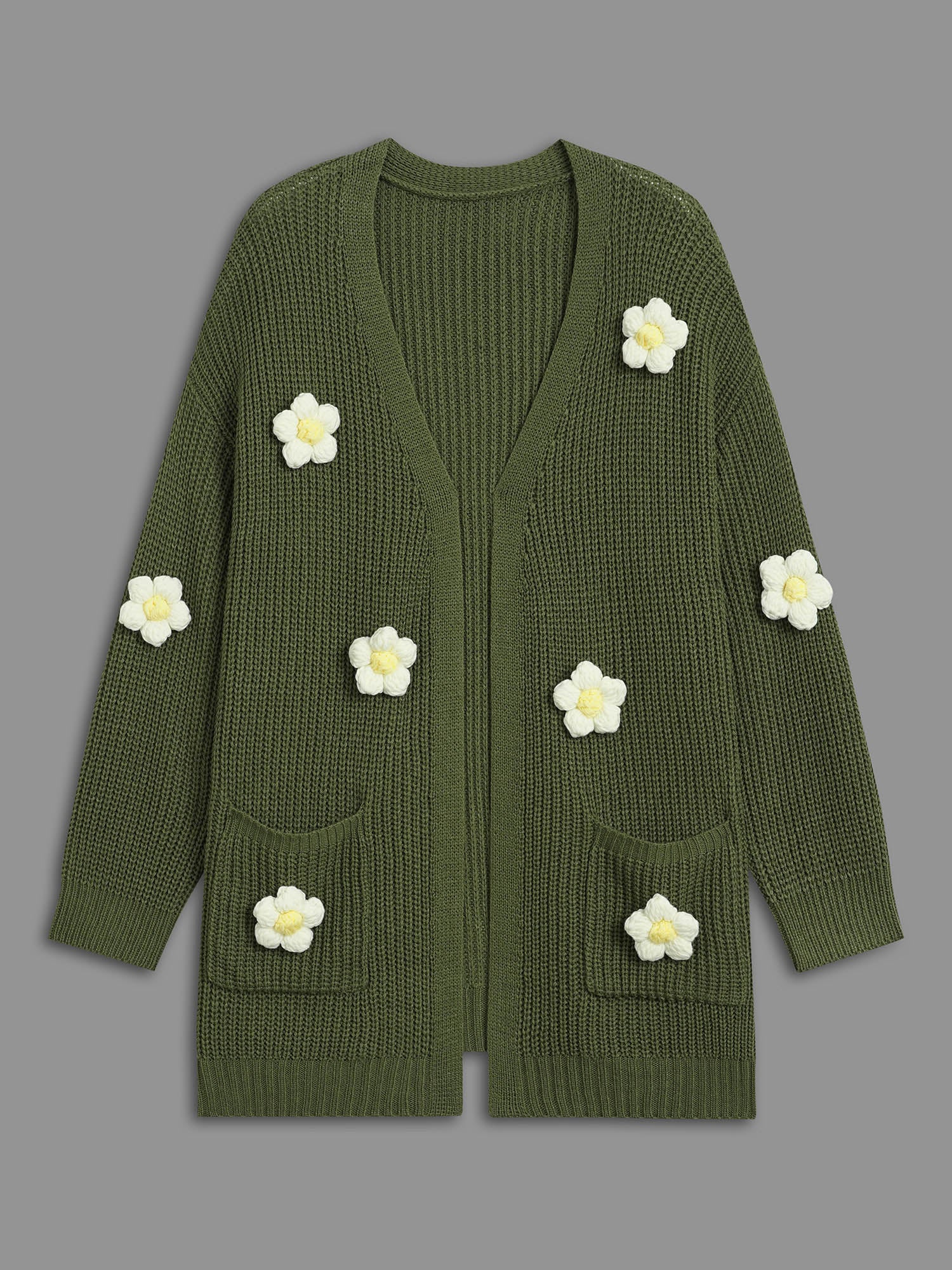 Floral Motifs V-Neck Pockets Knit Cardigan