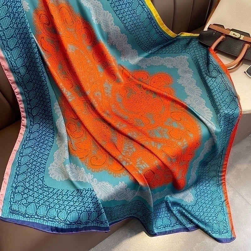 Classic Blue Orange Big Flower Simulation Silk Scarf Large Square Shawl