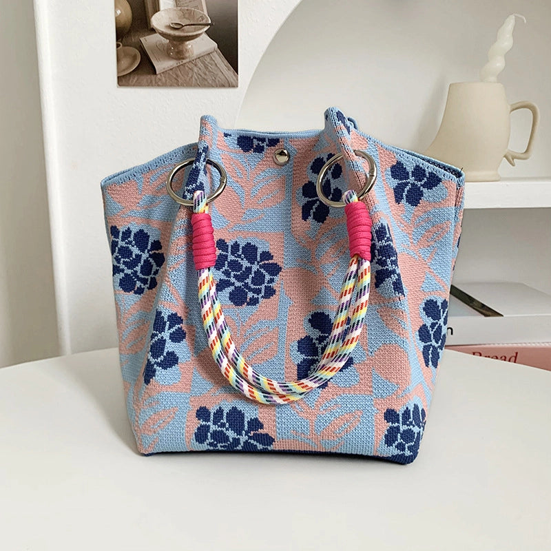 Women's Polyester Plaid Flower Classic Style Bucket Open Handbag