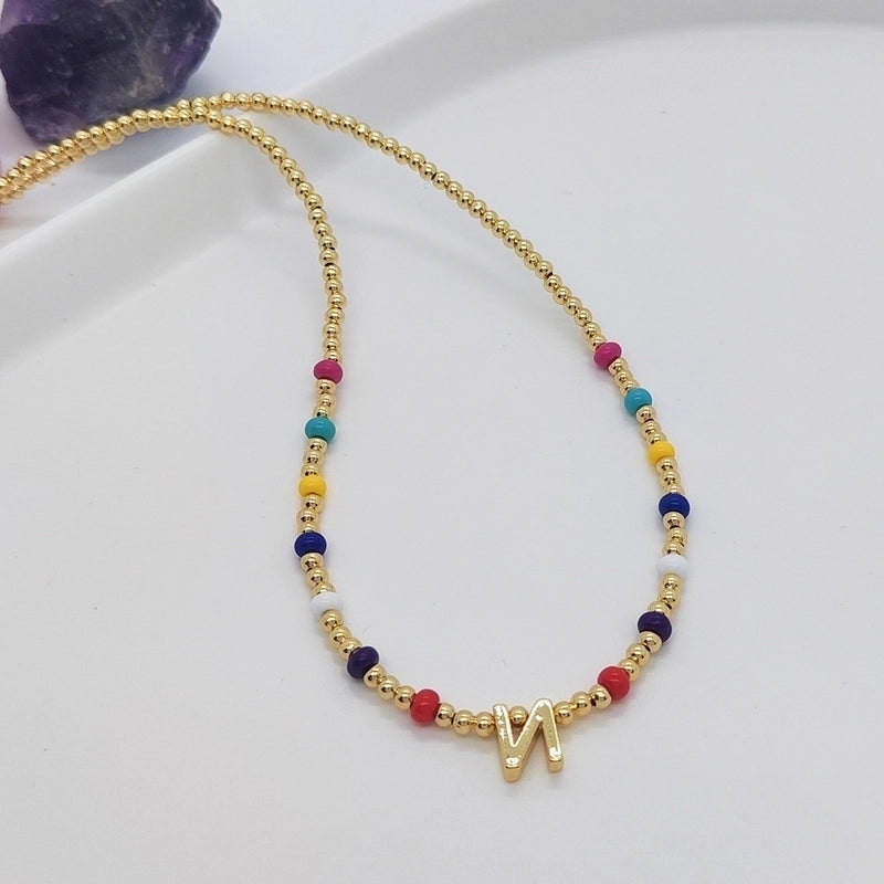 Ig Style Minimalist Letter Glass Copper Beaded Knitting Plating 18k Gold Plated Necklace