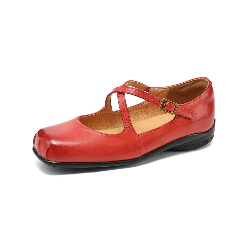 Square Toe Leather Mary Jane Ballet Flats with Cross Straps in Black/Red/Pink