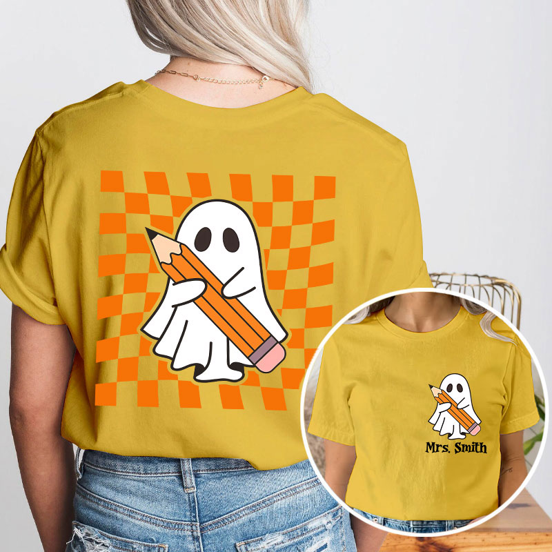 Personalized Name Cute Ghost Teacher Two Sided T-Shirt