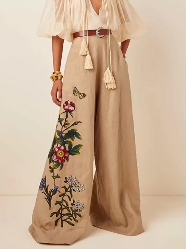 High Waisted Loose Belted Flower Print Pockets Pants Trousers