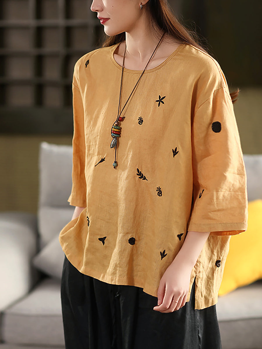 Women Spring O-Neck Flower Embroidery 100%Linen Shirt
