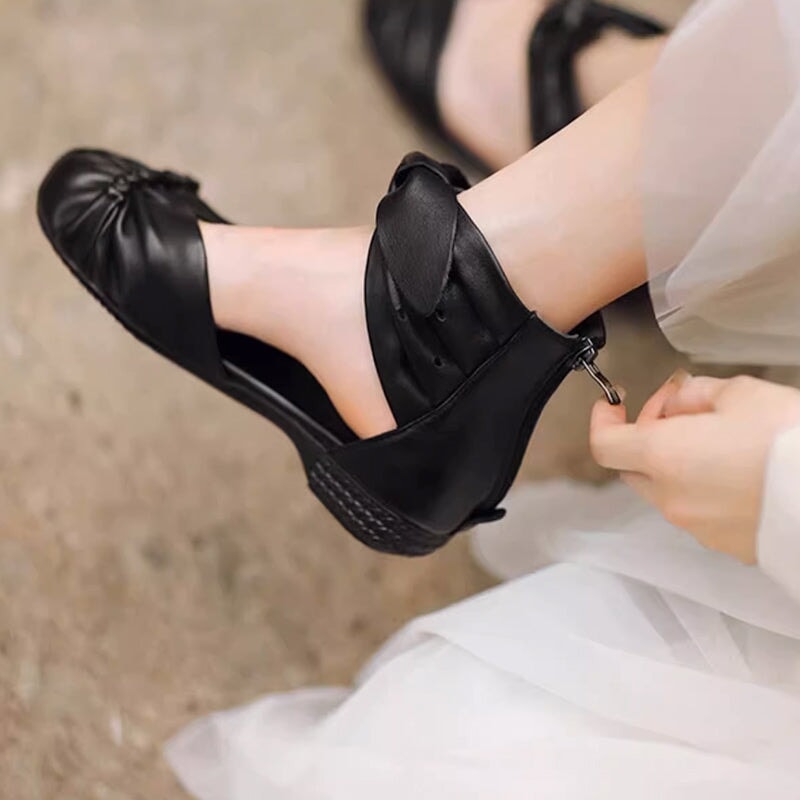 Vintage Leather Mori Girl Style Soft Sole Roman Sandals Boots with Back Zipper in Brown/Black