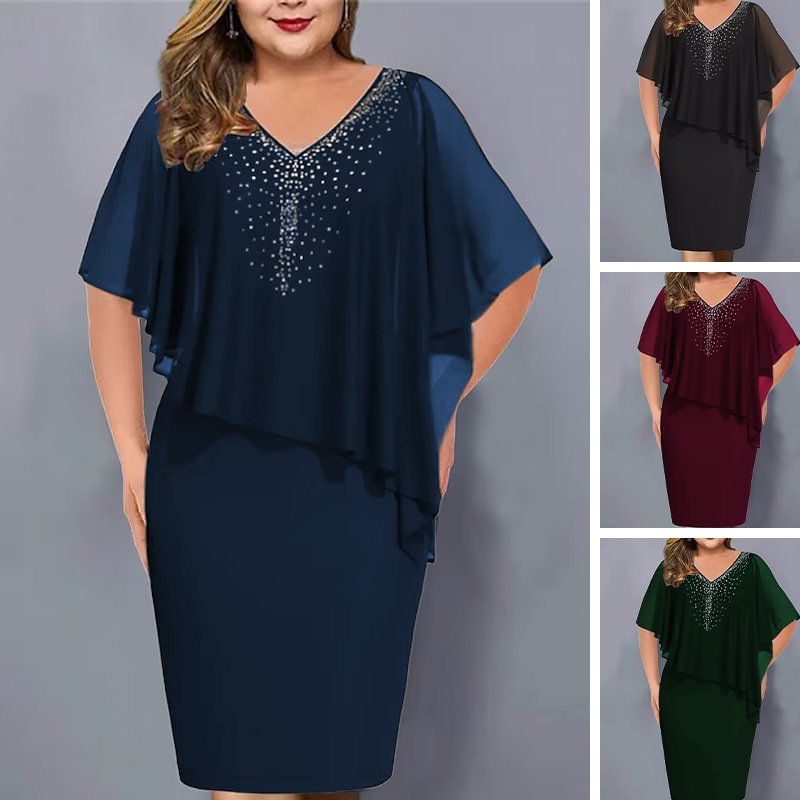 👗 Rhinestone V-Neck Cape Dress with Chiffon Overlay👑