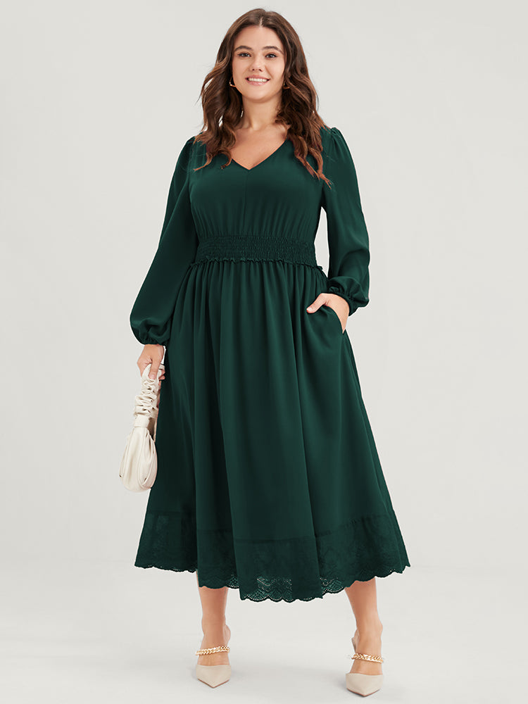 Solid Pocket Lantern Sleeve Patchwork Ruffled Shirred Dress