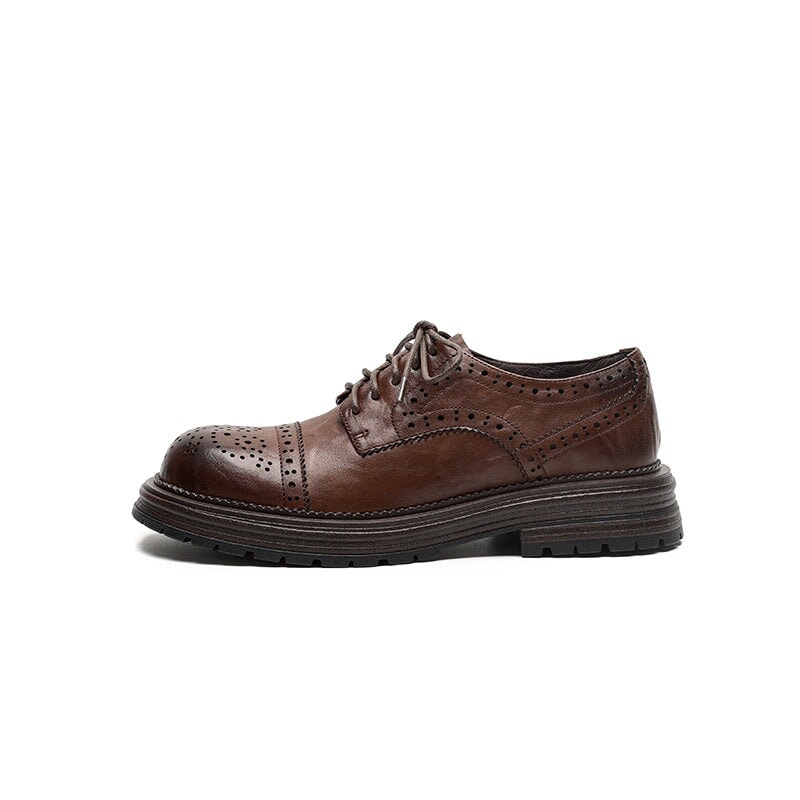 Vintage British Brogue Shoes - Round Toe Low-Heel Lace-Up Oxfords Black/Brown